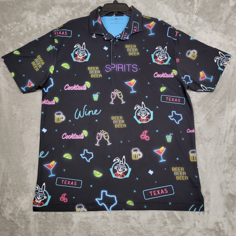 Horn Legend Bamboo Men Polo Large Black Luxury Performance Wine Beer Texas Print